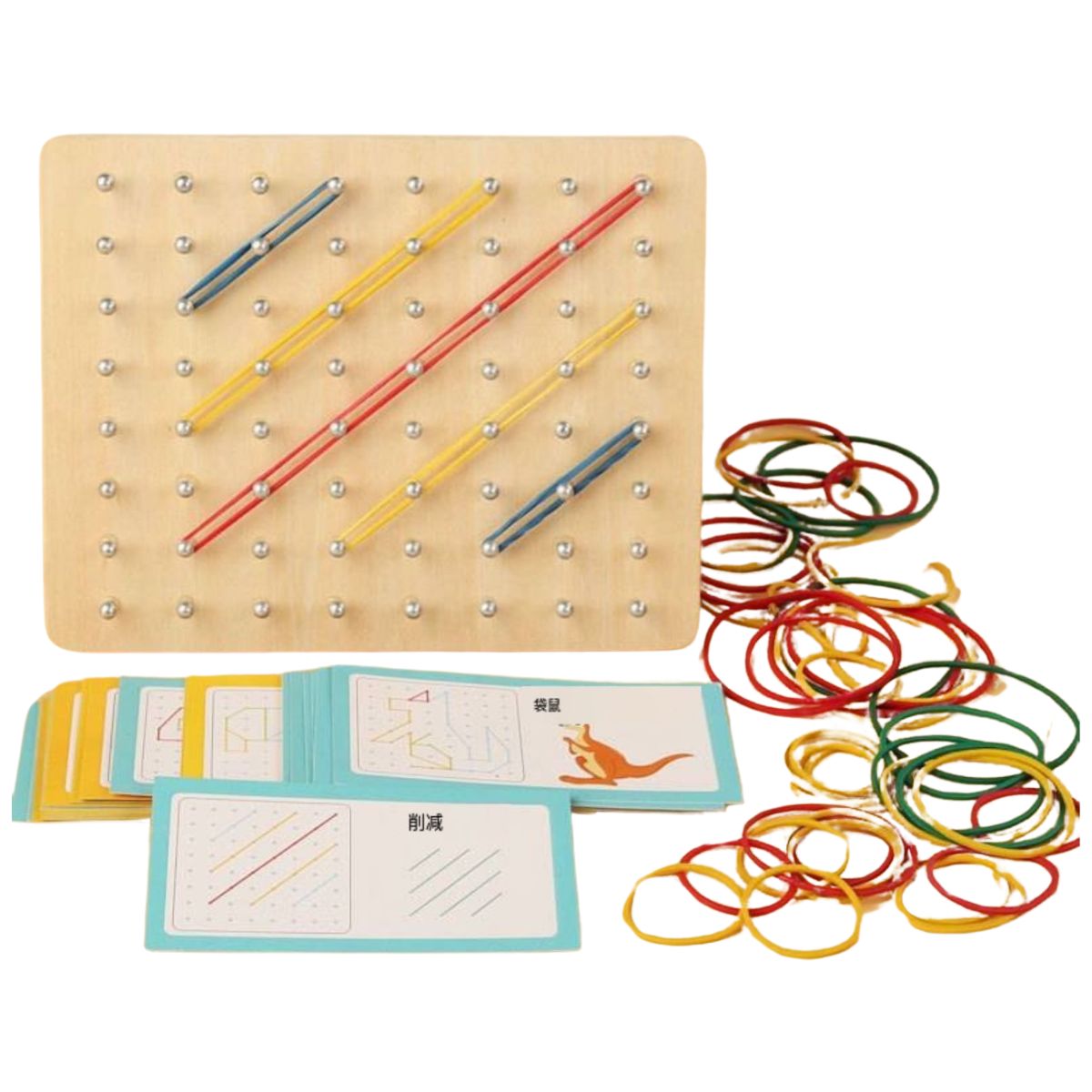 Puidust hariv geomeetriline naelalaud värviliste kummipaelte ja kaartidega