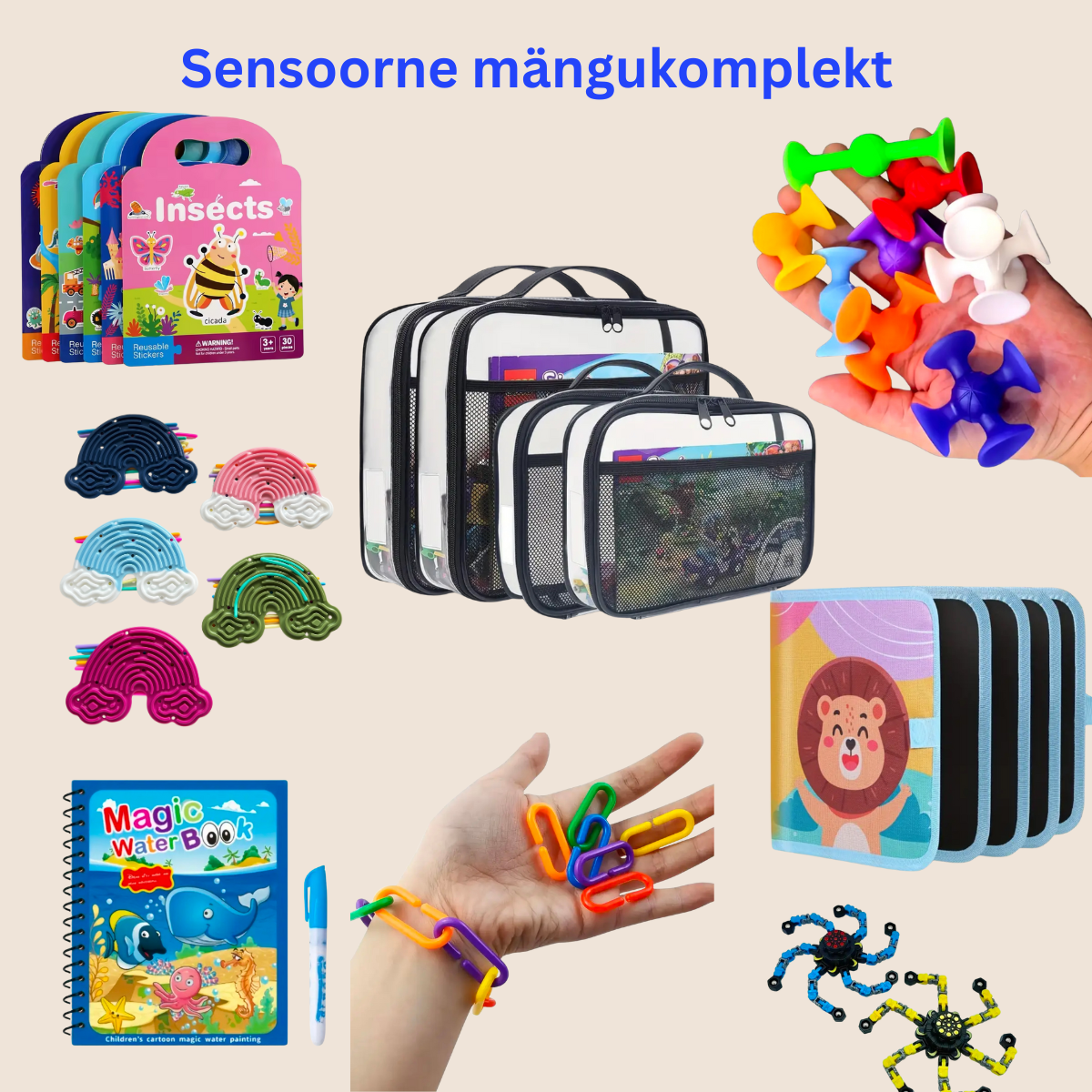 Sensoorne mängukomplekt lastele – arendav ja korduvkasutatav. Sobib reisiks, koduseks mänguks ja kingituseks. Toetab loovust ja keskendumist.