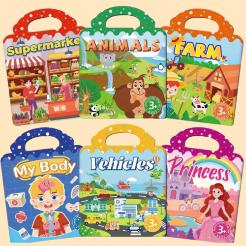 Kompaktne laste kleepsuraamat taaskasutatavate ja veekindlate kleepsudega, sobib reisile ja kaasaskandmiseks