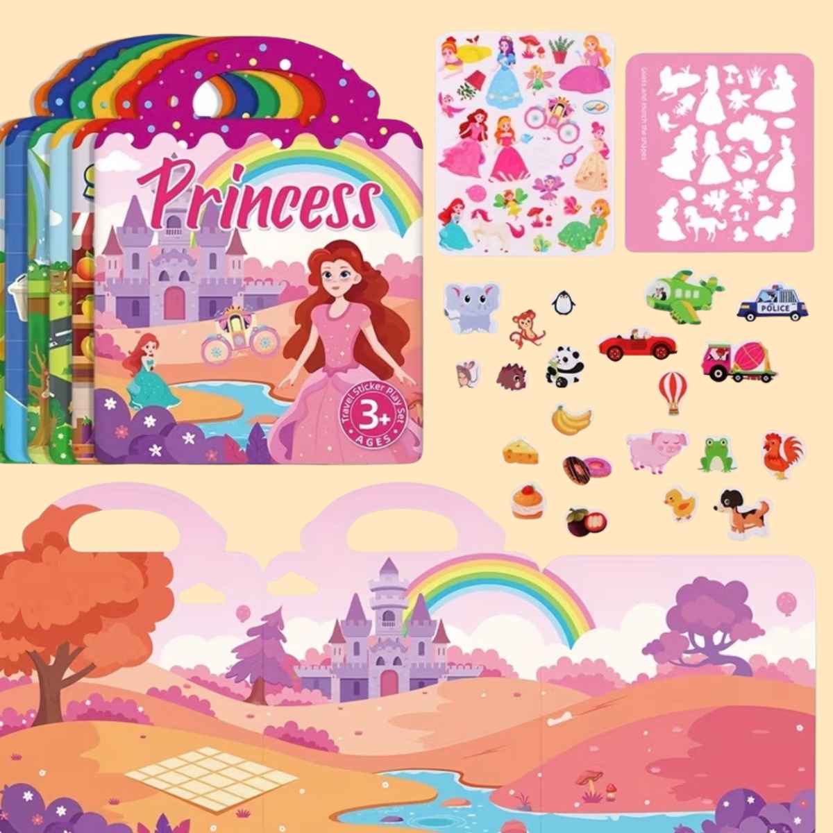 Kompaktne laste kleepsuraamat taaskasutatavate ja veekindlate kleepsudega, sobib reisile ja kaasaskandmiseks