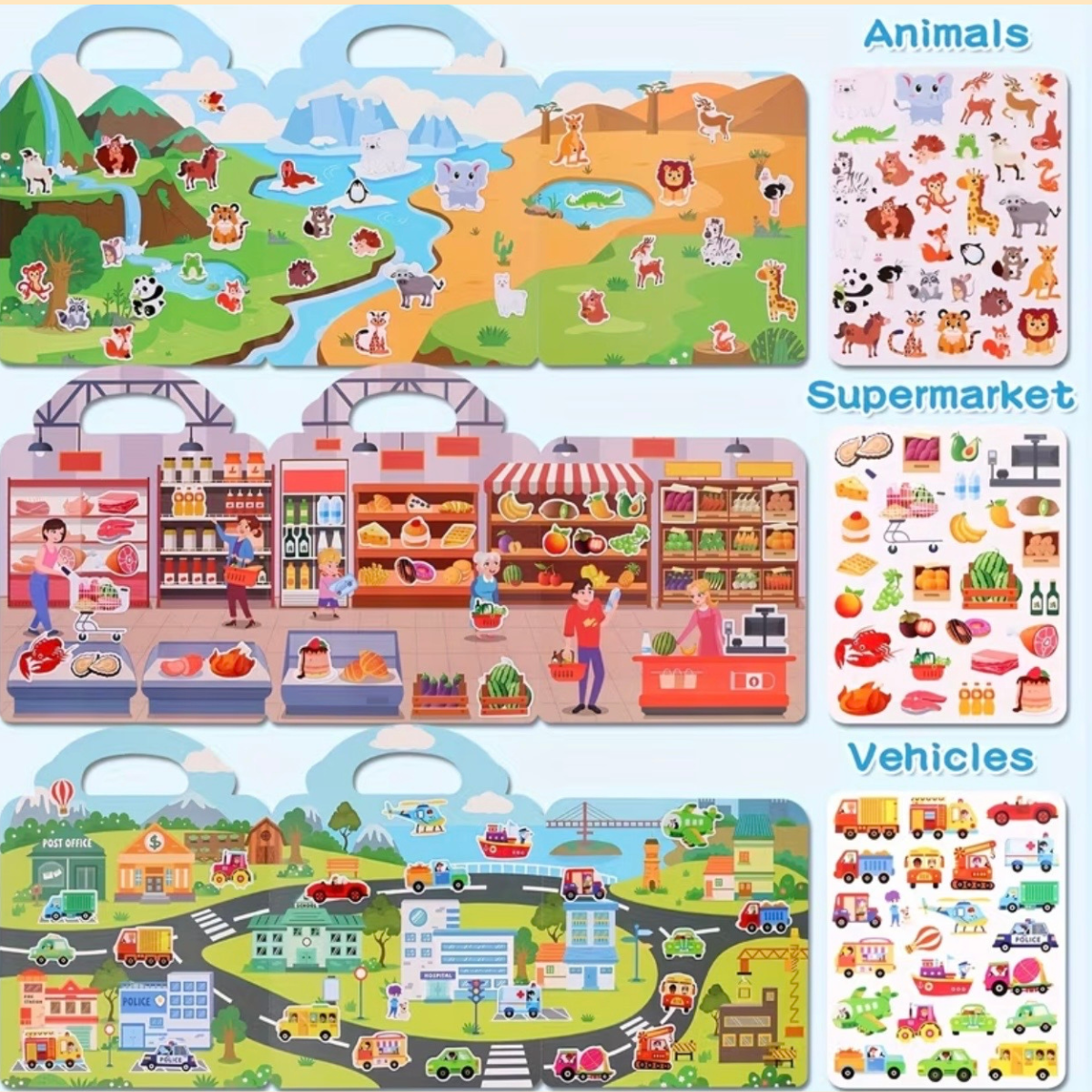 Kompaktne laste kleepsuraamat taaskasutatavate ja veekindlate kleepsudega, sobib reisile ja kaasaskandmiseks